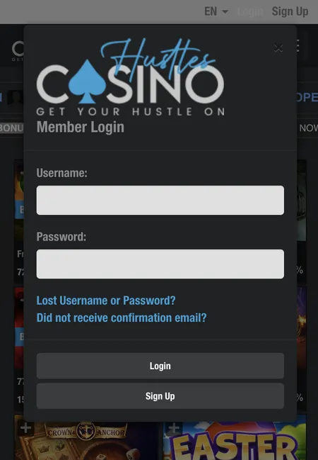 Hustles Casino login screen