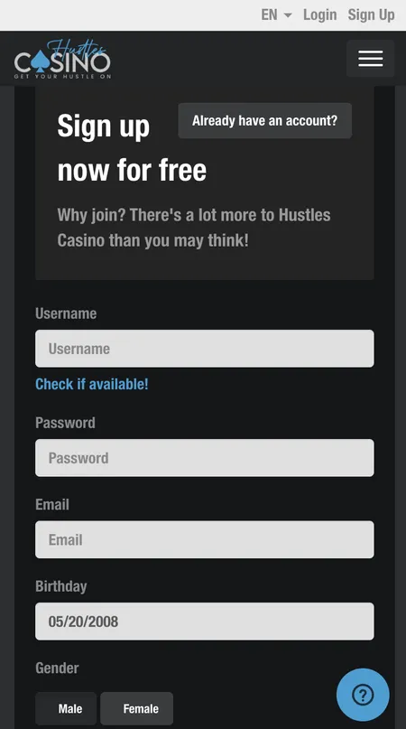 Hustles Casino registration form